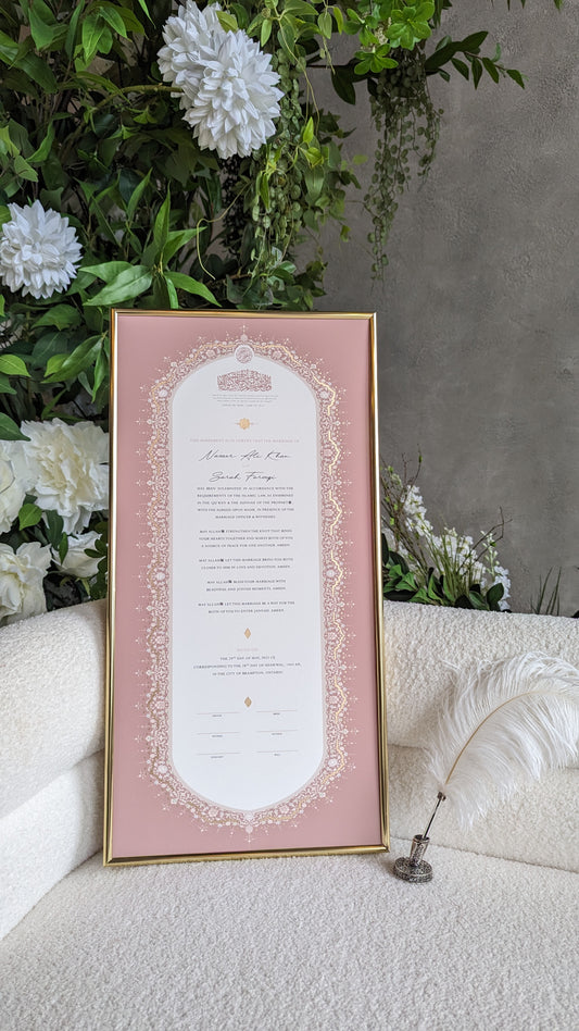 Raeesa Blush Nikah Certificate - Gold Embellished