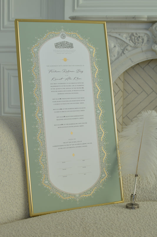 BUNDLE: Raeesa Sage Nikah Certificate Gold Embellishment + Frame + Pen