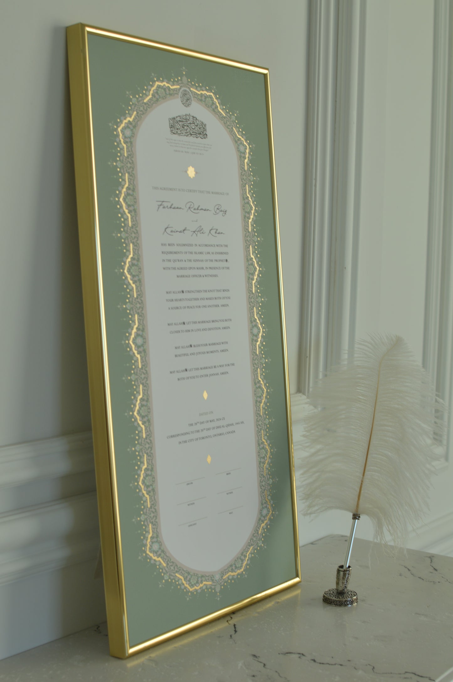 BUNDLE: Raeesa Sage Nikah Certificate Gold Embellishment + Frame + Pen