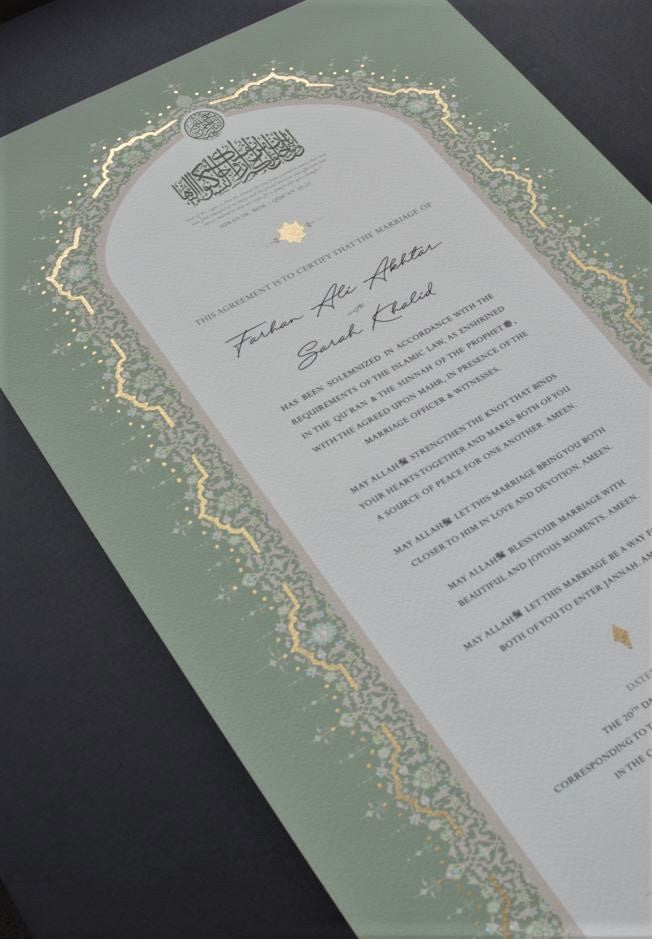 Raeesa Sage Nikah Certificate - Gold Embellished