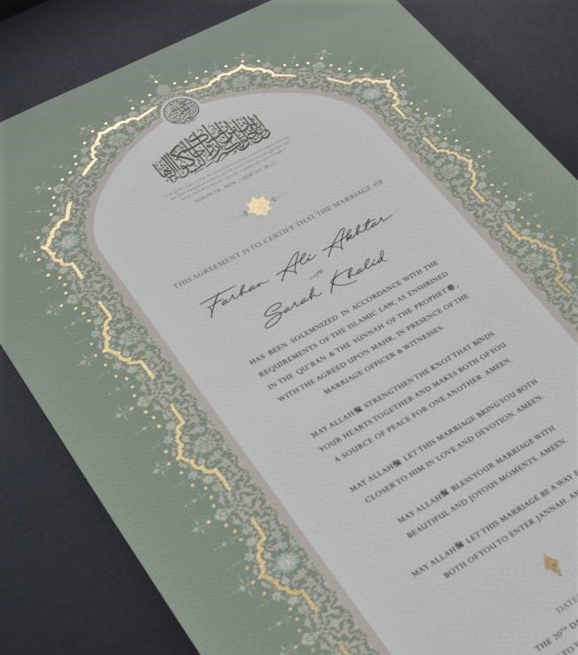 Raeesa Sage Nikah Certificate - Gold Embellished