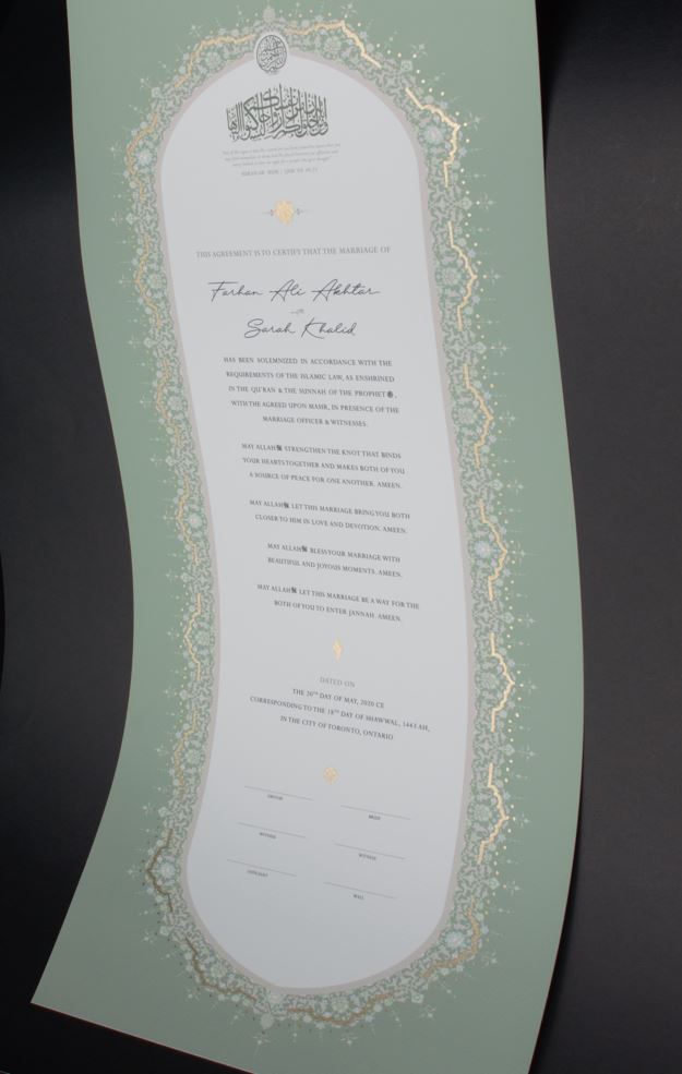 Raeesa Sage Nikah Certificate - Gold Embellished
