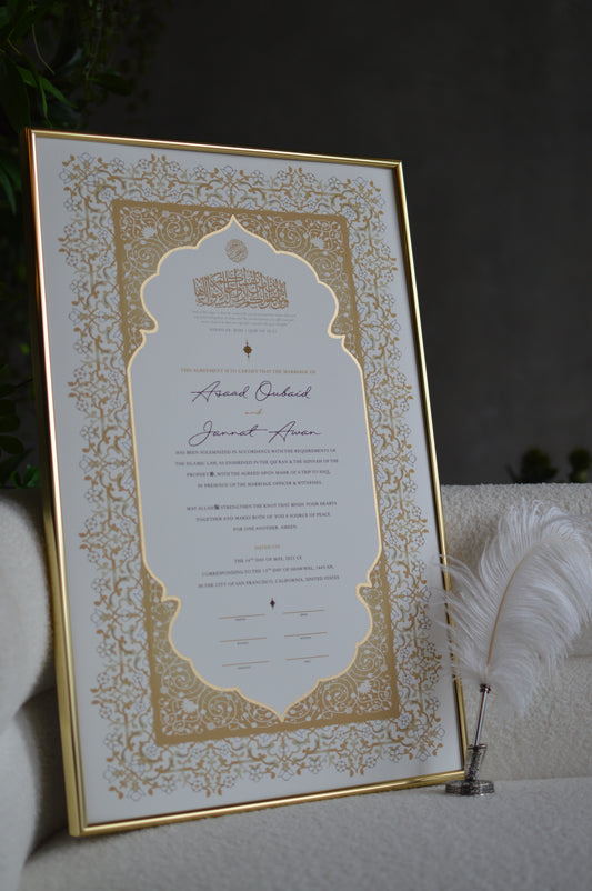 BUNDLE: Shireen Nikah Certificate Gold Embellishment + Frame + Pen