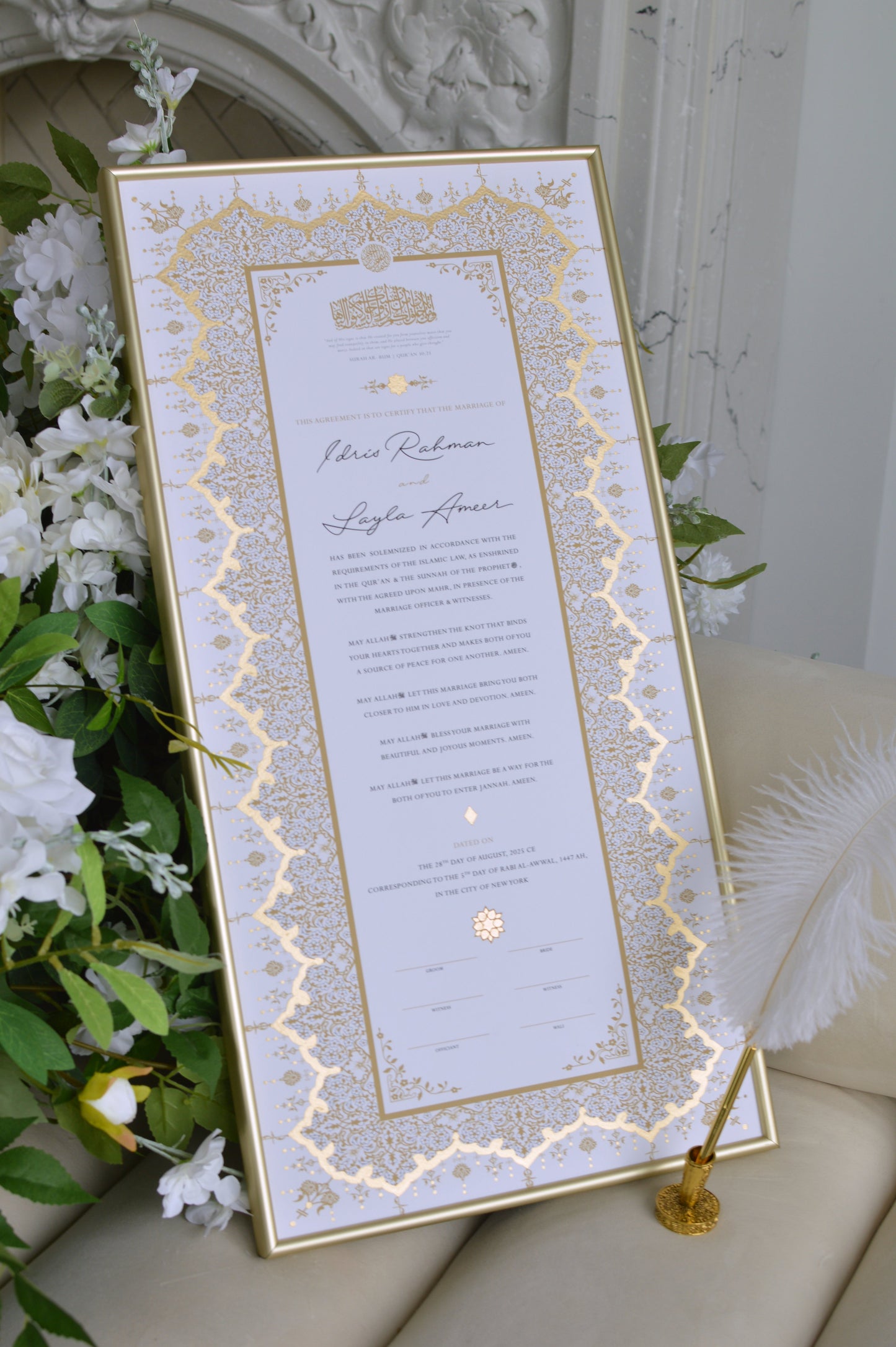 BUNDLE: Soraya Nikah Certificate Gold Embellishment + Frame + Pen