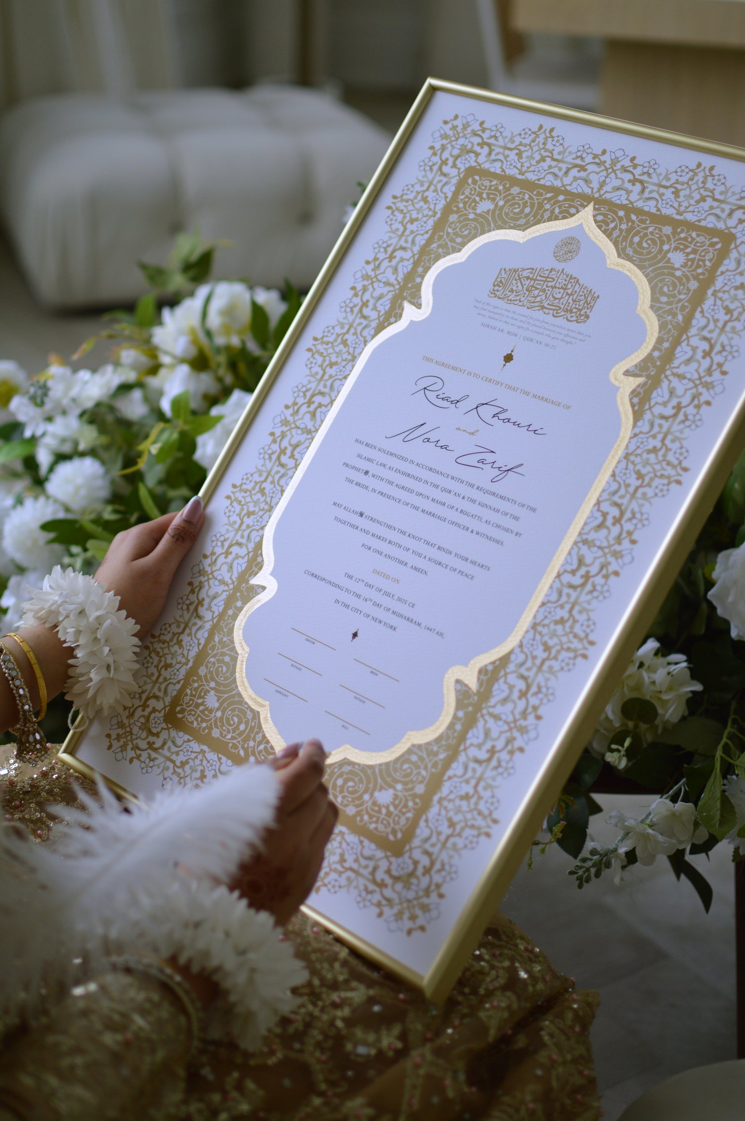 BUNDLE: Shireen Nikah Certificate Gold Embellishment + Frame + Pen