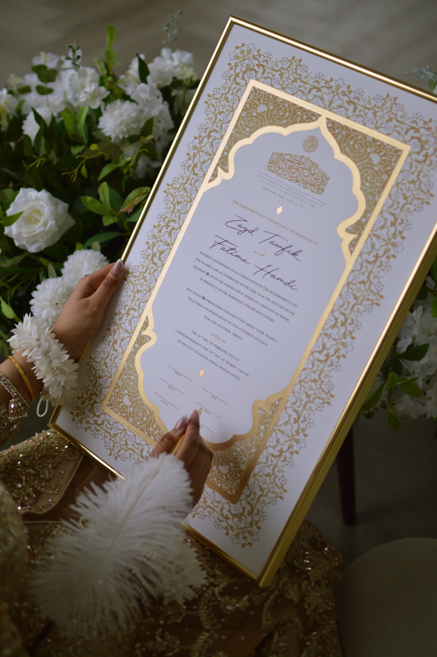 BUNDLE: Shireen Nikah Certificate Extended Gold Embellishment + Frame + Pen