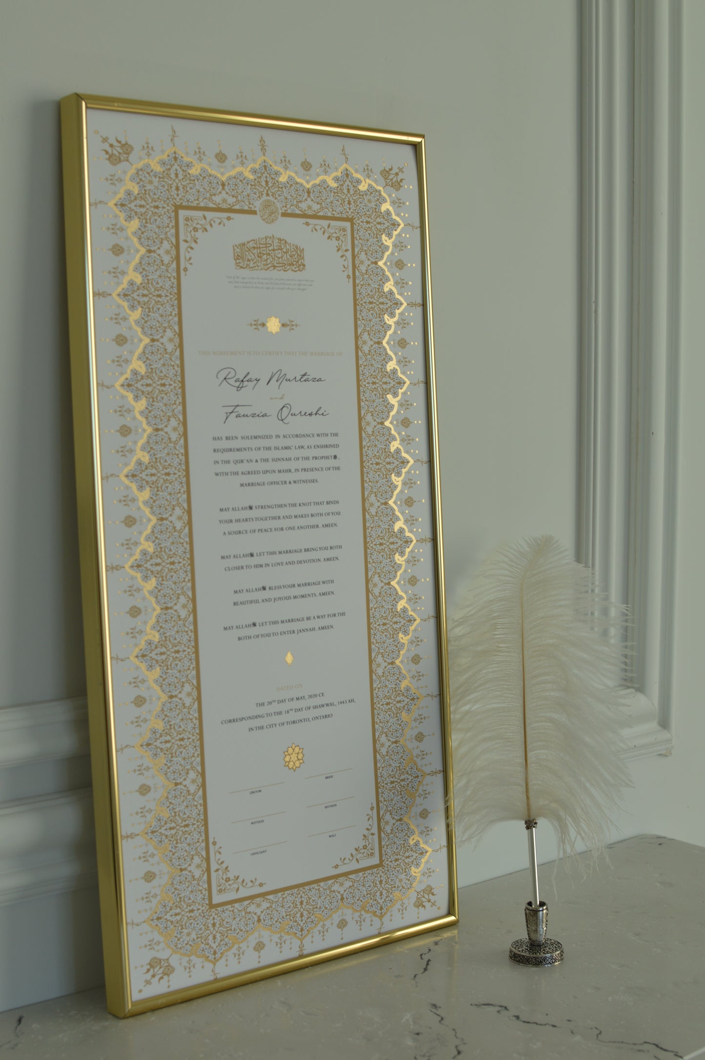 BUNDLE: Soraya Nikah Certificate Gold Embellishment + Frame + Pen