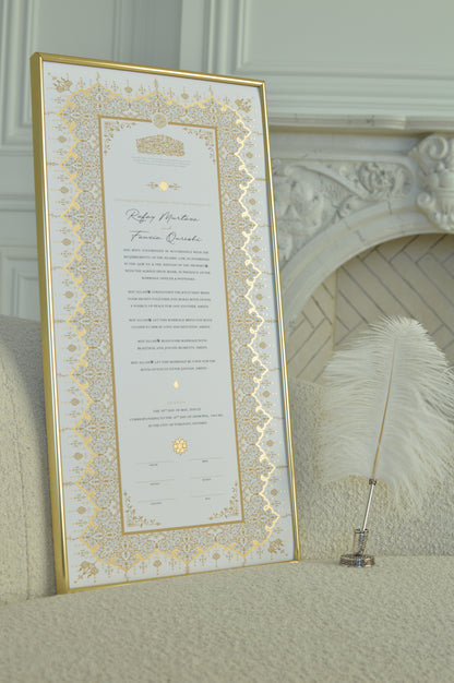 nikah certificate with hand painted gold details in gold frame with feather pen