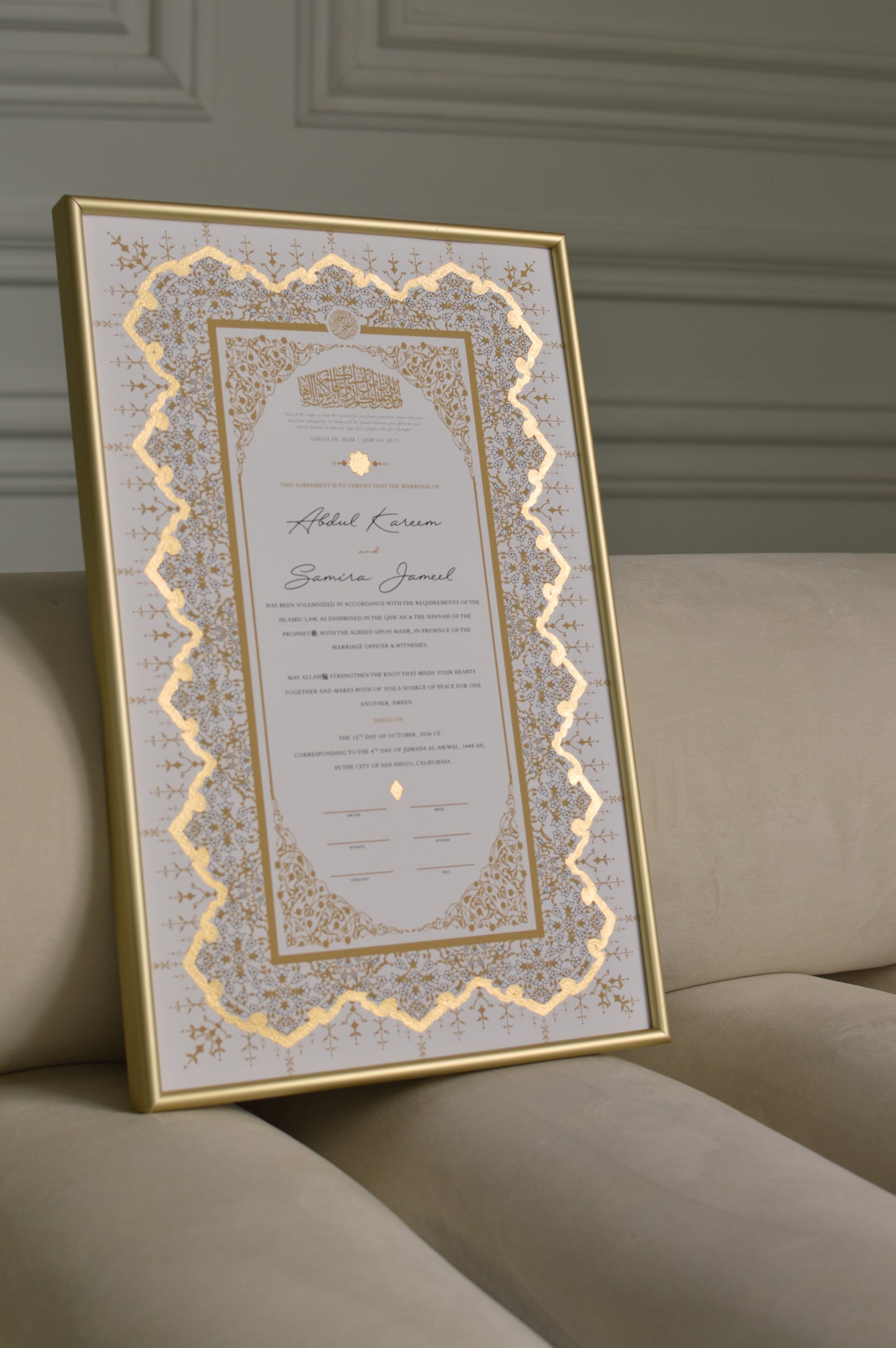 nikah certificate with hand painted gold details