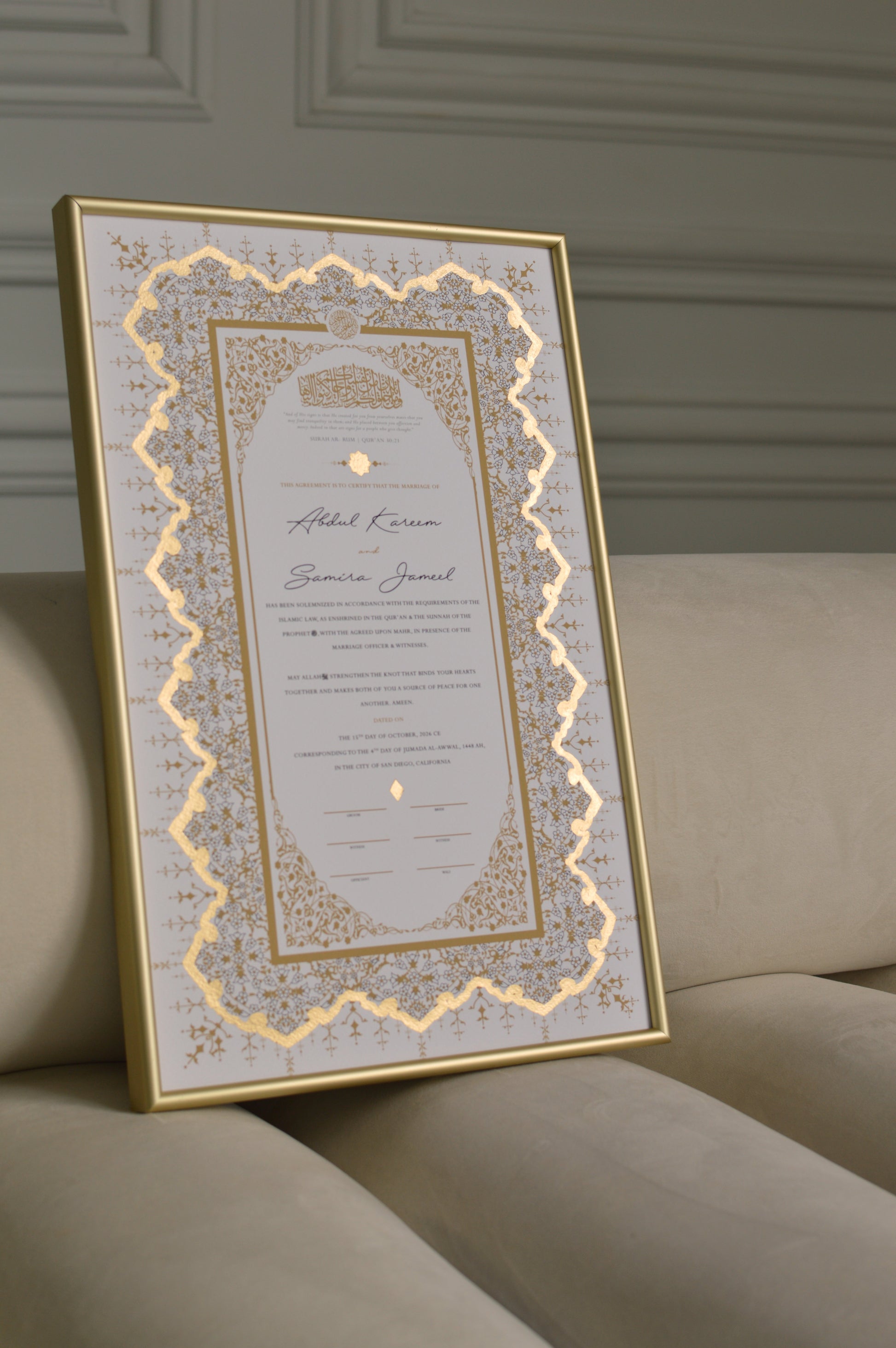 nikah certificate with hand painted gold details